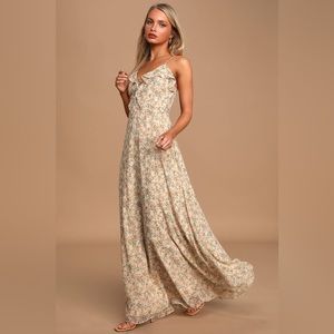 Lulu’s Cream Floral Print Spaghetti Strap Maxi Dress (Small)